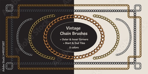 Metallic chain pattern brushes with corners, end and start tiles in vintage style. Gold, silver, bronze, brass and black options. Isolated on white and black background.