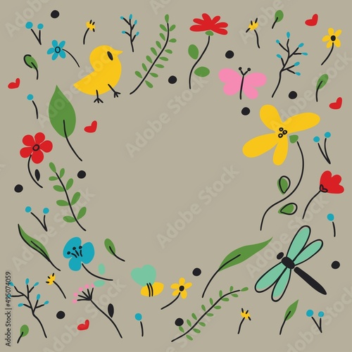 Bright painted elements of early spring frame the circle. Modern minimalistic flat design. Set of early spring plants isolated on white vector.
