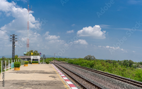 Lopburi Thailand-March 25,2022 : Khok Salung Railway Station and blue sky for tourists, Landmark of Tourist in holiday Thailand photo