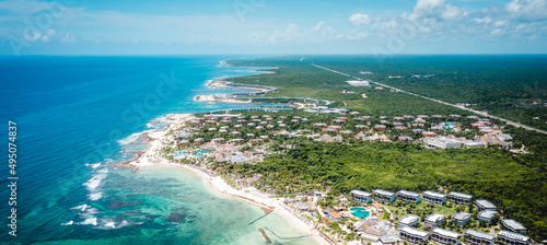 Aerial view of the Coba beach in Quintana Roo, Mexico. Caribbean Sea, coral reef, top view. Beautiful tropical paradise beach