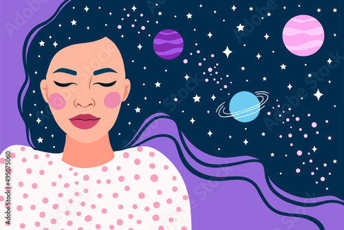 sleeping girl with long hair. woman dreaming in night sky and stars. vector illustration
