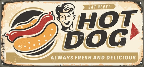 Hot dog street food restaurant sign post. Retro inscription with fast food graphic and happy young man portrait. Vector hotdog illustration.