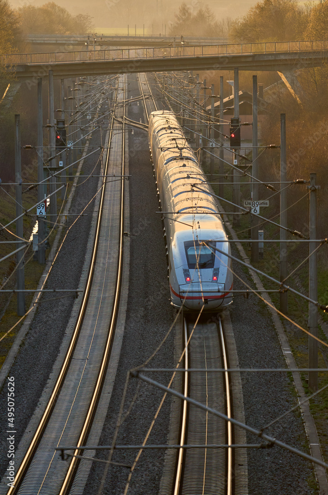electric highspeed train passing the rapid railway transit route between  Stuttgart and Mannheim, Baden-Wuerttemberg, Germany Stock-Foto | Adobe Stock