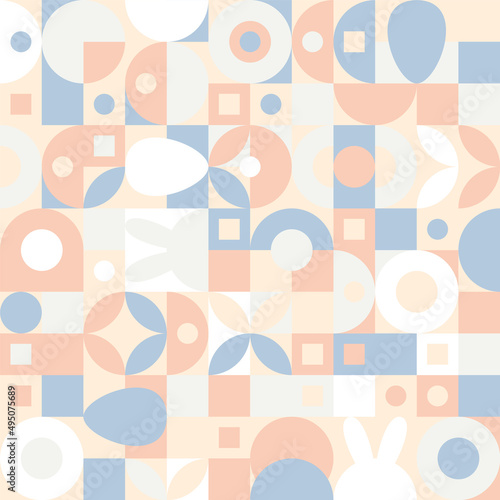 Cover templates for the Spring holiday Easter with a texture of circles and squares. Mosaic with geometric shapes in the style of a Scandinavian pattern, color trend background with eggs.