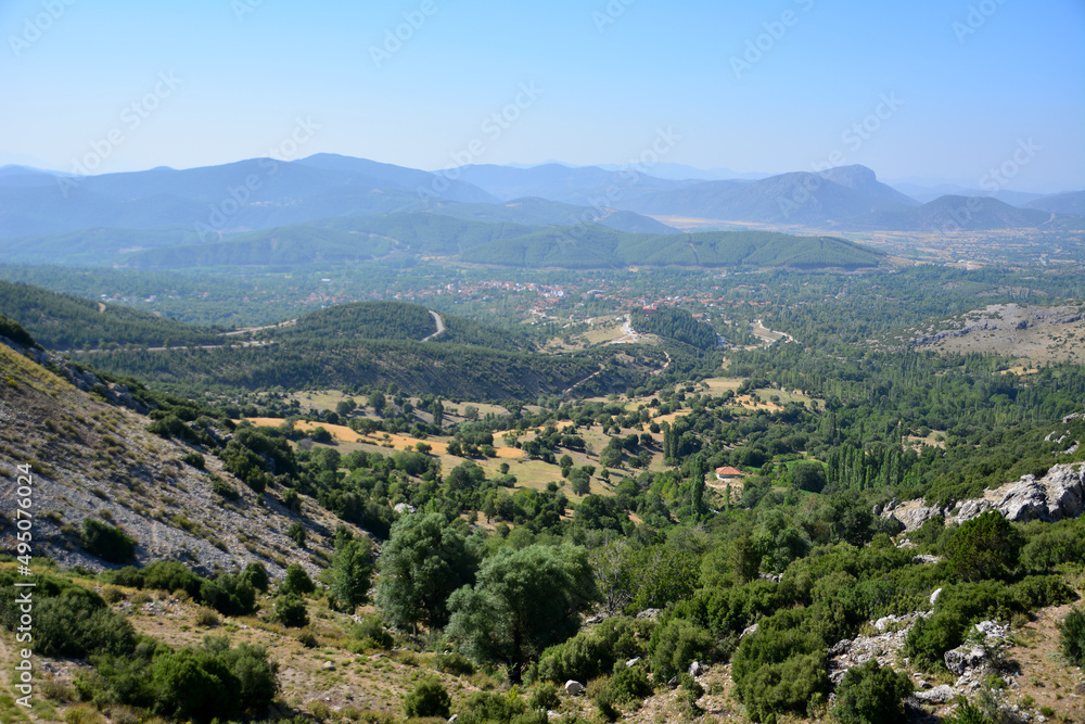 view from the top of mountain on the valley with pine trees and mountain range on background