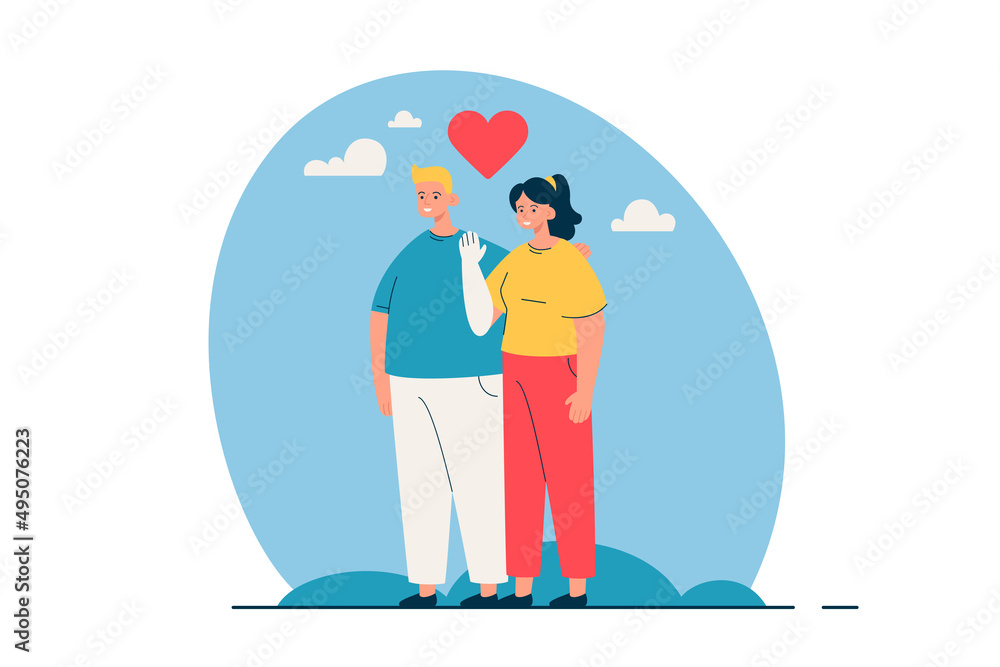Happy couple in love. Woman with prosthesis. People with disabilities in a relationships. Support, inclusion and diversity concept. Modern flat vector illustration