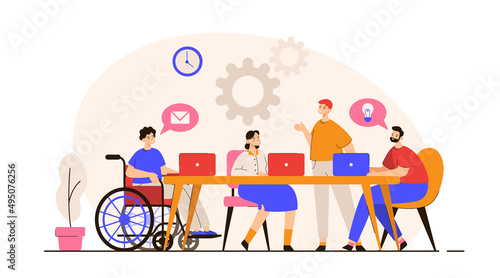Man in wheelchair working on laptop in office. Business team. Support, diversity, inclusion and disability concept. Modern flat vector illustration