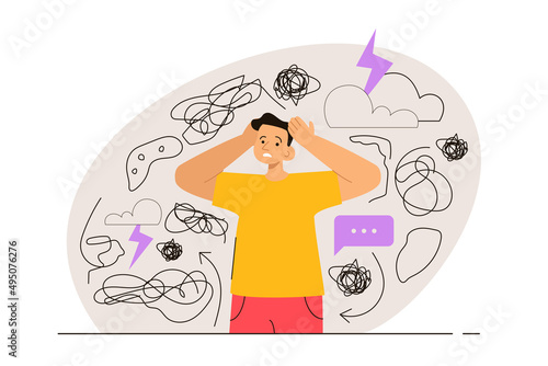Nervous man touching head surrounded by problems and anxiety thoughts. Phobia, psychological problem and mental health concept. Modern flat vector illustration