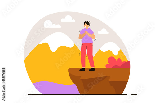 Scared man with acrophobia standing at the edge of a mountain. Phobia, psychological problem, anxiety and mental health concept. Modern flat vector illustration