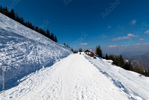 Panorama view of the mountains ski area. View from the viewing platform on the Zwölferhorn mountain in St. Gilgen, Salzkammergut Upper Austria. Ski area. Nature and sport background