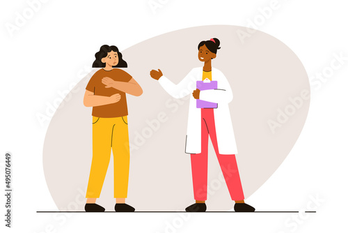 Woman afraid of a doctor. Person with iatrophobia. Psychological problem, anxiety and mental health concept. Modern flat vector illustration