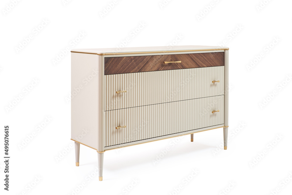 chest of drawers with veneer and painted wood trim in a modern classic style on a white background chest of drawers with veneer and painted wood trim in a modern classic style on a white background