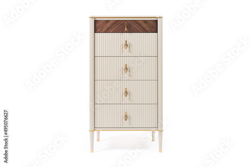 chest of drawers with veneer and painted wood trim in a modern classic style on a white background