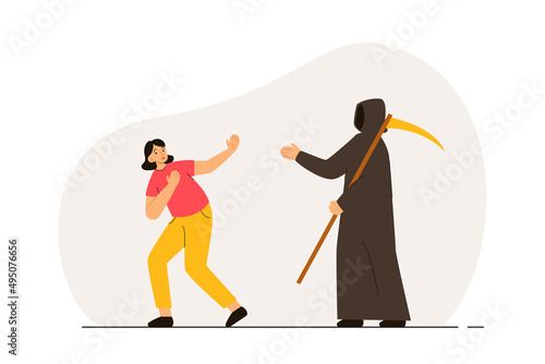 Terrified woman seeing death character. Person with necrophobia. Phobia, psychological problem, anxiety and mental health concept. Modern flat vector illustration
