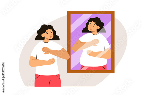 Youn woman looking at the mirror seeing her fat version. Person with anorexia or bulimia. Eating disorder, psychological problem, anxiety and mental health concept. Modern flat vector illustration