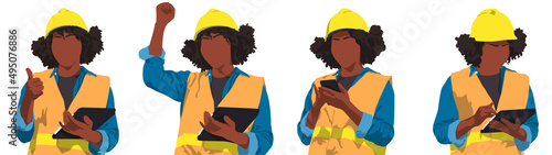 Vector illustration set of African-American female warehouse worker. Vector flat style illustration isolated on white