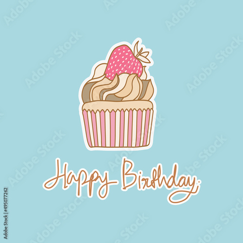 Hand drawn cute sweet cupcake with strawberry on top for birthday celebration. Vector illustration in doodle art style