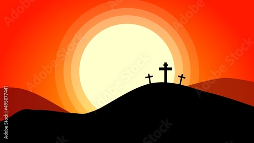 A flat illustration of Christ on the cross with two criminals on either side. all in a silhouette against the red and yellow sunset. crucifixion of Jesus Christ Illustration.