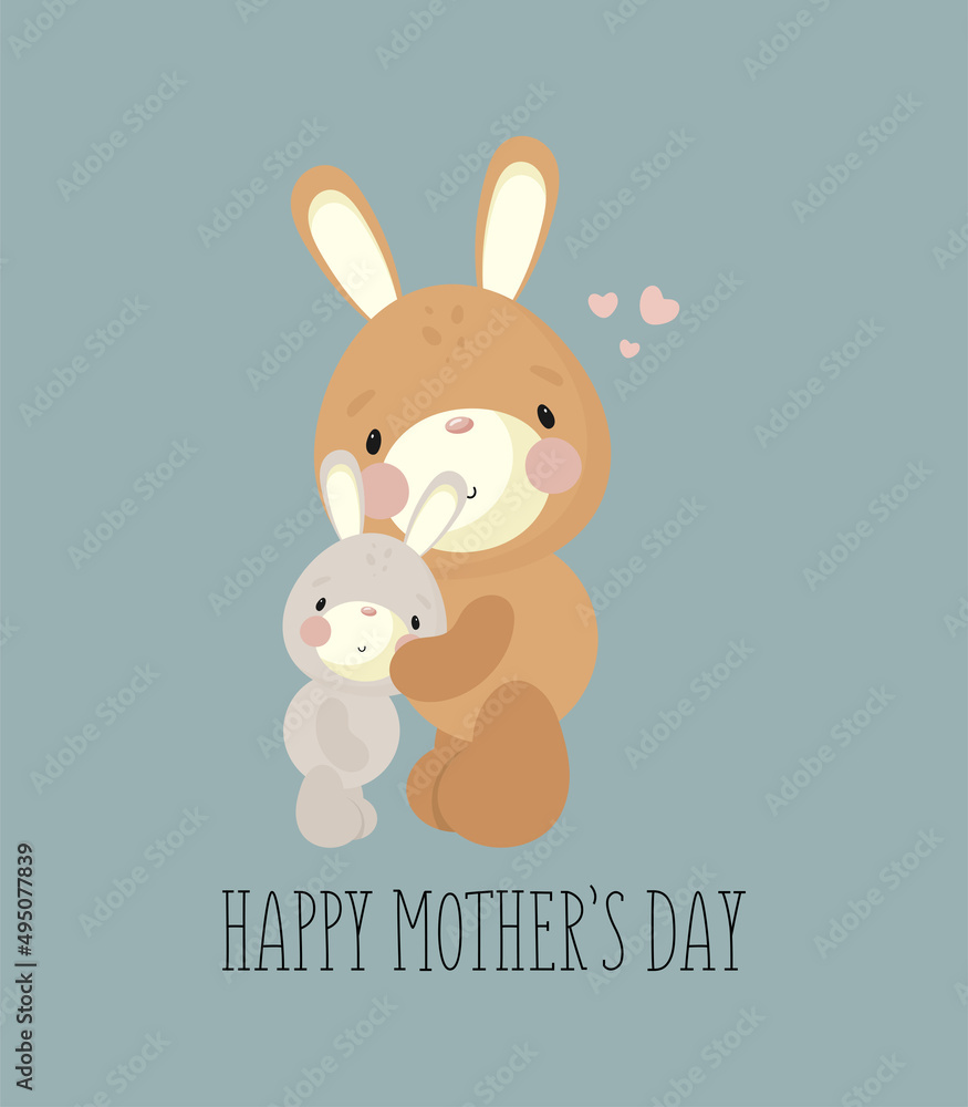 Cute Rabbit Mom and baby. Happy Mother's Day card. Vector illustration in cartoon style. Cute Rabbit Mom and baby. Happy Mother's Day card. Vector illustration in cartoon style.