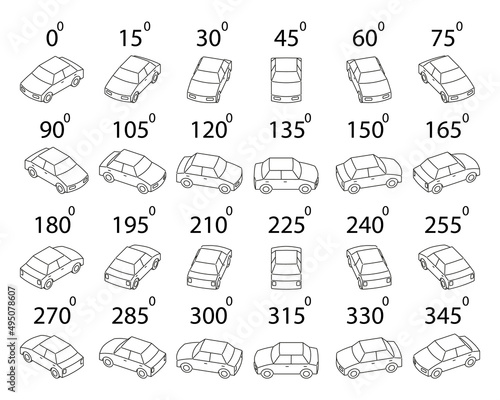 A set of 24 cars from different angles. Rotation of the car in outline by 15 degrees for animation.  