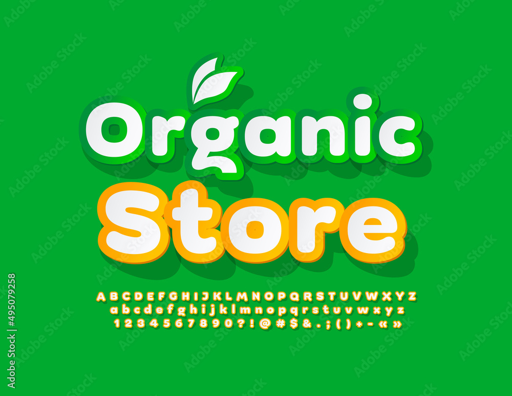 Naklejka premium Vector advertising banner Organic Store with decorative Leaves. Creative paper Font. Sticker style Alphabet Letters, Numbers and Symbols set