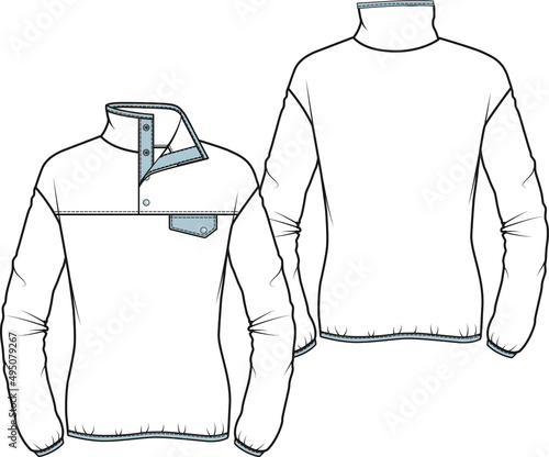 women long sleeve fleece sketch , pocket and collar details technical dtrawing