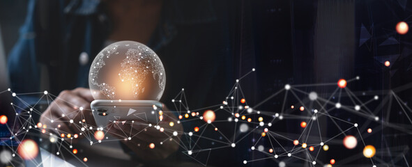 Woman using mobile smart phone with global network connection, digital technology development. Furturistic technology background