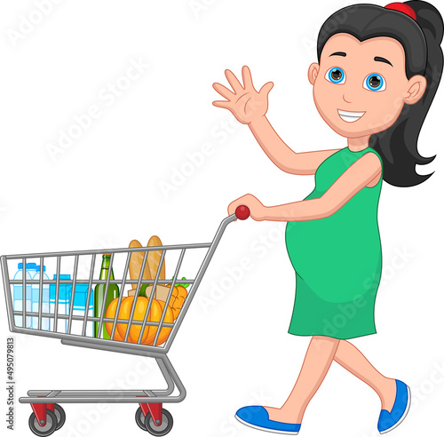 pregnant young mother carrying groceries in shopping trolley