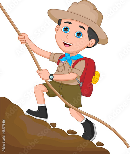 boy scout climbing hill on white background