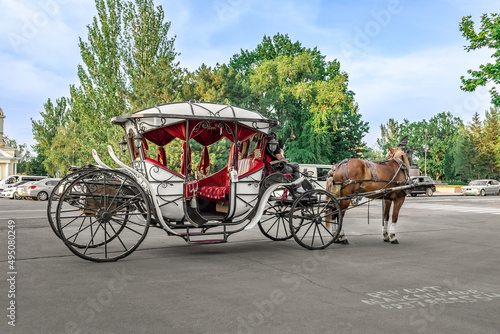 Mykolaiv, Ukraine - July 25, 2020: Harness of a brown horse and an old decorative carriage on a city street in Mykolaiv. Horse rides for tourists in the Ukrainian town
