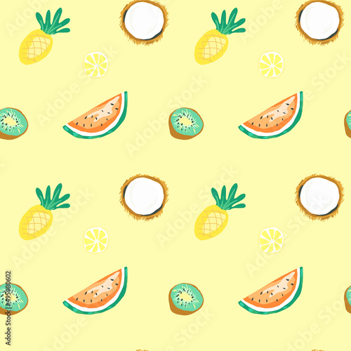 seamless pattern with tropical fruits  lemon  pineapple  kiwi  watermelon and coconut  bright fruit summer background  hand-drawn