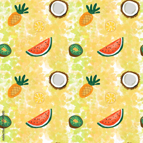 Fototapeta Naklejka Na Ścianę i Meble -  seamless pattern with tropical fruits, lemon, pineapple, kiwi, watermelon and coconut, bright fruit summer background, hand-drawn