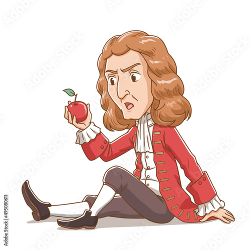Cartoon character of Sir Isaac Newton looking at apple. photo