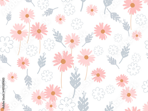 Seamless pattern with pink daisy flower, branches and small flower on white background vector.