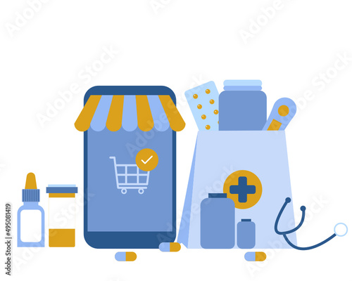 Medical equipment and medicine bottles results information medical and healthcare banner and approved checkmark vector.