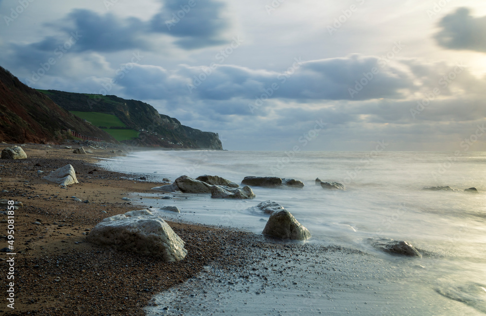 February morning high tide at Branscombe beach Seaton east Devon in the west of England UK