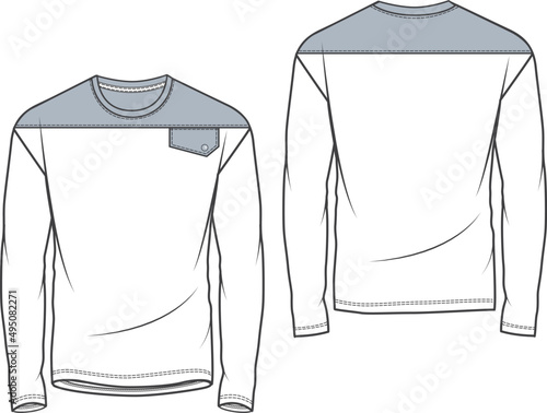 men long sleeve t-shirts , pocket details technical drawing 