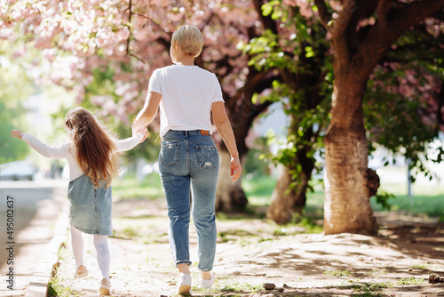 Mom holds daughter's hand on a spring city street under the branches of blooming pink sakura. Young mother with baby having fun in the park near sakura. © KIFOR PRODUCTION