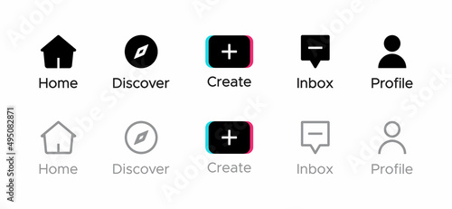 Home, Discover, Create, Inbox, and Profile. Icon Set of Tiktok Menu