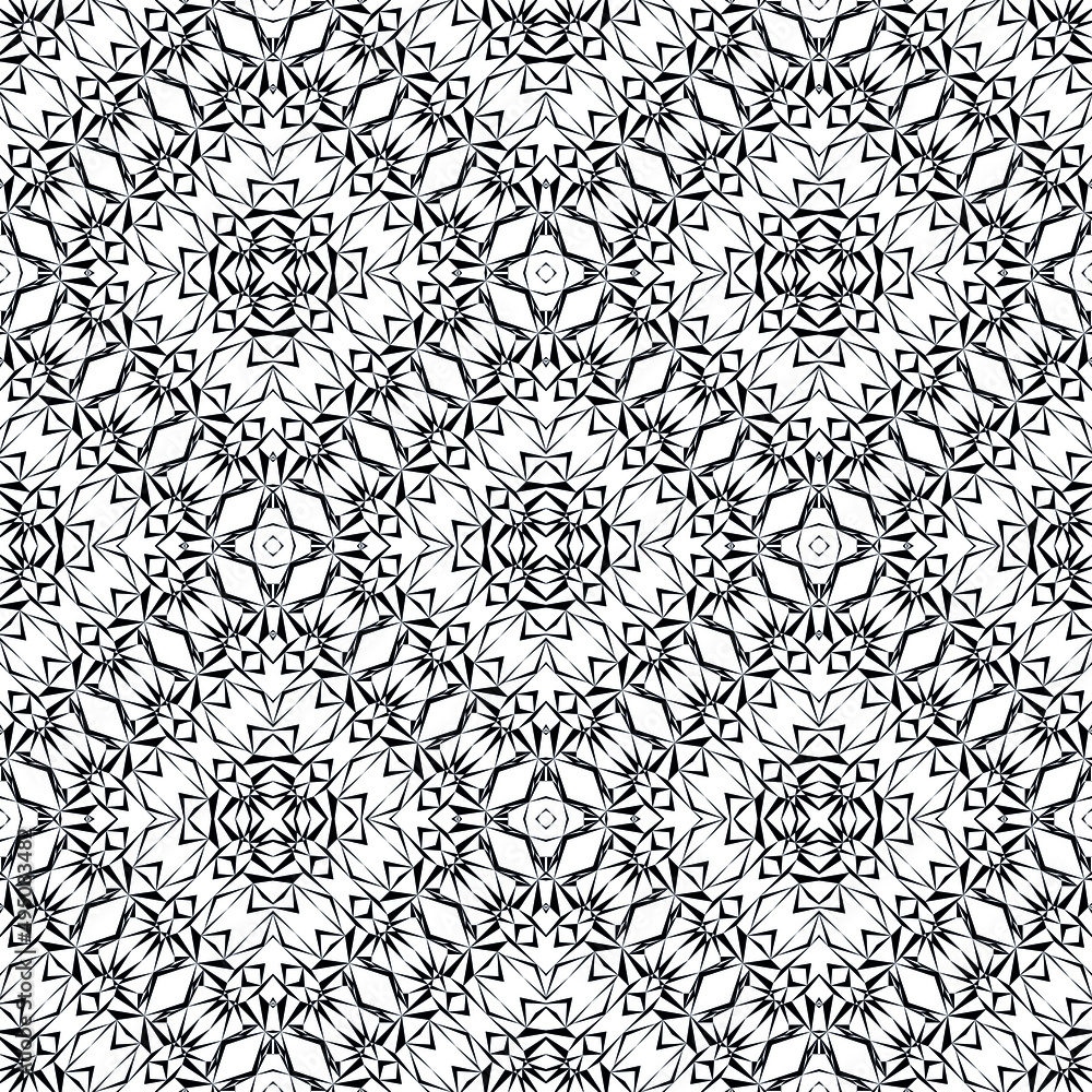 Geometric seamless pattern, ornament, abstract black and white background, fashion print, vector decorative texture.