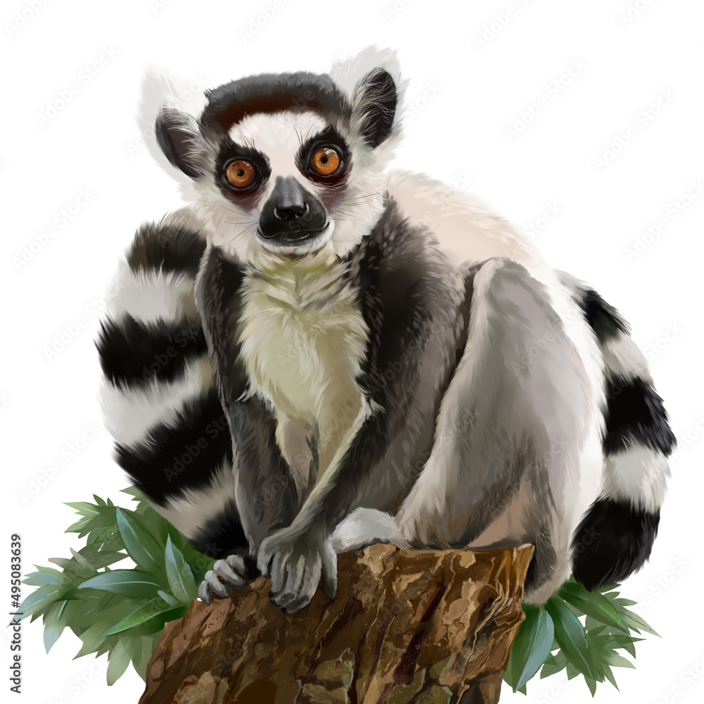 Lemur sits on a stump. Watercolor drawing Lemur sits on a stump. Watercolor drawing