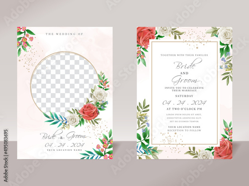 Floral wedding invitation template set with elegant white and red roses design