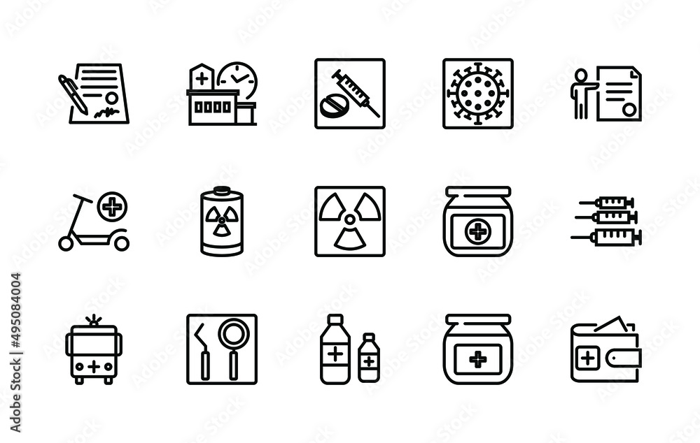 Simple set of medical related vector linear icons. Contains icons such as: pills, first aid kit, medical sign, questionnaire and more. Editable stroke. 48x48 pixels is perfect.
