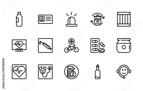 Simple set of medical related vector linear icons. Contains icons such as: pills, first aid kit, medical sign, questionnaire and more. Editable stroke. 48x48 pixels is perfect.