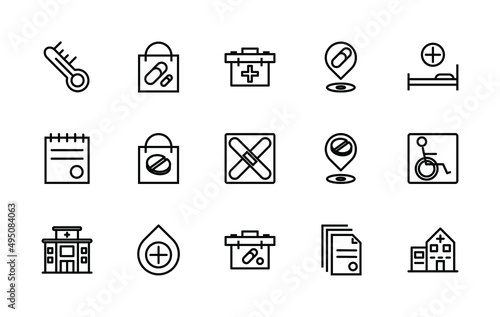 Simple set of medical related vector linear icons. Contains icons such as: pills, first aid kit, medical sign, questionnaire and more. Editable stroke. 48x48 pixels is perfect.