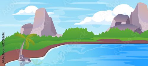 cartoon vector sea scenery, palm trees and mountain forests