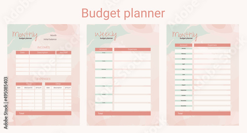 Monthly, weekly, daily budget planner. Organizer financial templates set. Checklists, important date and notes.