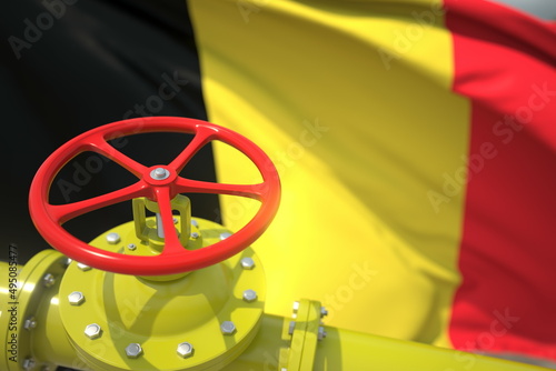 Pipe valve close-up and flag of Belgium, 3d rendering