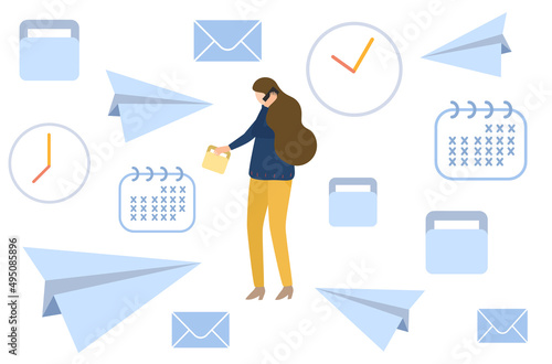 Flat design of ‘work life concept’ vector on white background, busy working woman with office tasks, overwhelming business woman with many jobs to do, 
