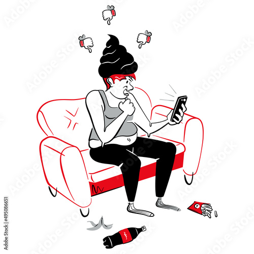 hater sits on the couch and curses